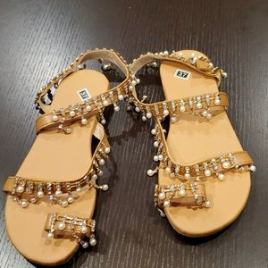 Beige crystal and pearl sandals